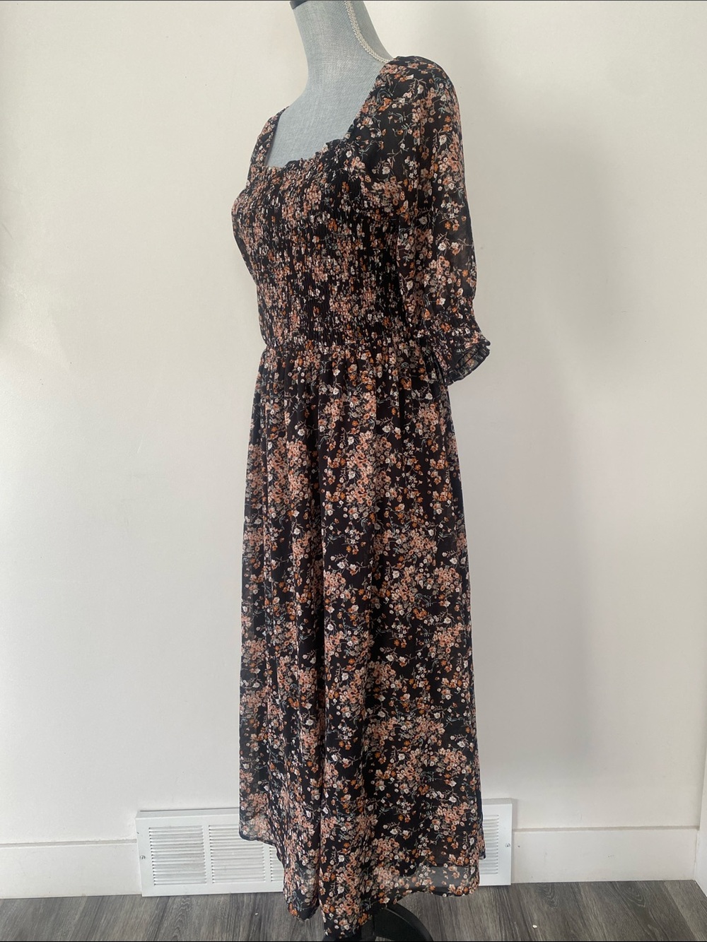 Mikarose Black Babydoll Maxi Dress Peach Floral Print Sz M Smocking Sheer Sleeve - Picture 4 of 13